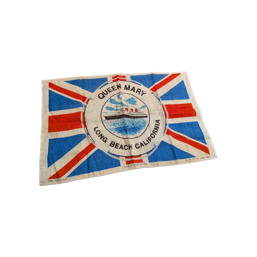 Vintage Queen Mary Tea Towel Wall Hanging Long Beach Pure Irish Linen Union Jack